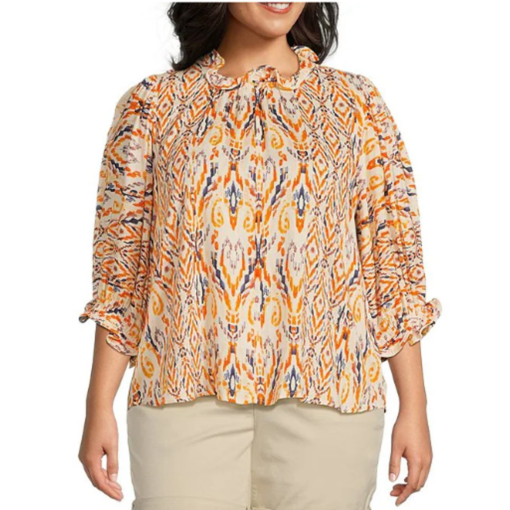 New Democracy Ikat Print Ruffle Collar 3/4 Sleeve Shirt Womens Plus Size 3X